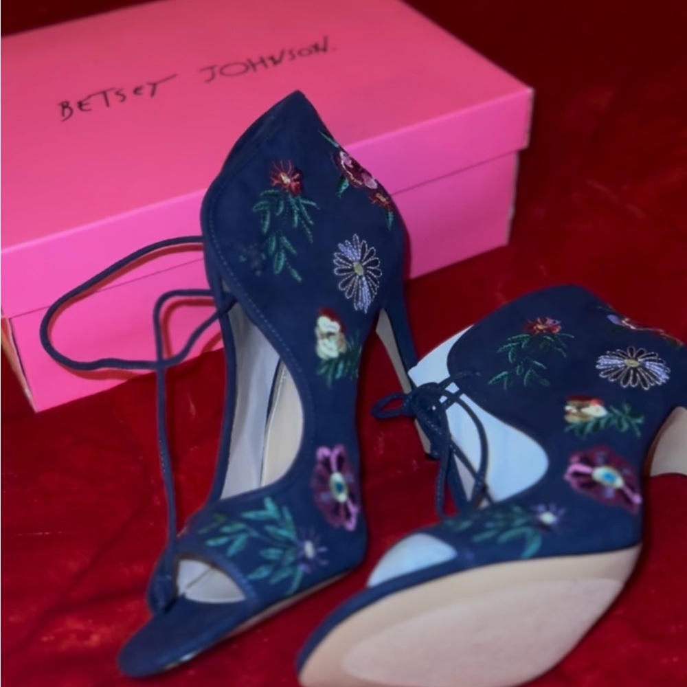 Betsey Johnson Navy Heels with Floral Embroidery